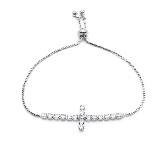 Jewelry - Silver Tone Box Chain Bracelet w/ 2" Cubic Zirconia Cross Pendant- NEW